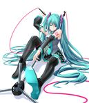  aqua_nails bangs black_legwear cable colorized detached_sleeves eto foreshortening hatsune_miku highres legs long_hair microphone microphone_stand nail_polish necktie skirt solo thighhighs very_long_hair vocaloid 