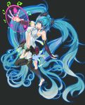  aqua_eyes aqua_hair bad_id bad_pixiv_id barefoot belt bridal_gauntlets elbow_gloves fingerless_gloves gloves hatsune_miku hatsune_miku_(append) long_hair navel necktie smile solo toeless_legwear twintails very_long_hair vocaloid vocaloid_append wataame 