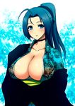  blue_eyes blue_hair blush breasts choker cleavage huge_breasts idolmaster idolmaster_(classic) japanese_clothes kimono lips lipstick long_hair makeup miura_azusa ponytail solo wakame yukata 