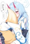  2girls black_bridal_gauntlets black_skirt blue_archive blue_hair blue_halo blunt_bangs blush braid bridal_gauntlets center-flap_bangs chise_(blue_archive) commentary_request cowboy_shot demon_girl detached_sleeves fox_girl fox_tail hair_intakes half-closed_eyes halo horns hug hug_from_behind hugging_another's_tail hugging_tail izuna_(blue_archive) long_hair long_sleeves lower_body miniskirt multiple_girls oni pleated_skirt red_horns sailor_collar school_uniform serafuku simple_background sitting skin-covered_horns skirt solo_focus speech_bubble tail translation_request twin_braids very_long_hair white_background white_sailor_collar wide_sleeves yamichi_(yamichi8369) 