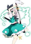  aqua_eyes belt black_hairband blue_eyes bow bowtie flower ghost green_eyes hair_bow hairband hitodama katana konpaku_youmu konpaku_youmu_(ghost) massala midriff navel petals scabbard sheath short_hair silver_hair skirt sky solo sword tassel touhou unsheathing vest weapon 