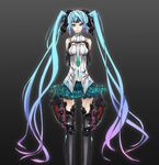  absurdres alternate_costume aqua_eyes aqua_hair bridal_gauntlets elbow_gloves fingerless_gloves gloves hatsune_miku hatsune_miku_(append) highres litlicha long_hair navel necktie plaid plaid_skirt skirt smile solo thighhighs twintails very_long_hair vocaloid vocaloid_append zettai_ryouiki 