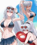  1girl :t absurdres adjusting_hair alternate_costume arknights arm_up armpit_crease arms_up bikini bikini_skirt black_bikini blush breasts cleavage closed_mouth commentary cowboy_shot grey_hair hair_between_eyes hand_on_own_hip highres inflatable_toy inflatable_whale large_breasts long_hair looking_at_viewer mouth_hold multiple_views navel ponytail red_eyes request_inset skadi_(arknights) stomach swimsuit textless_version uof 