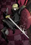  ahoge armchair artoria_pendragon_(all) black_gloves blonde_hair chair checkered checkered_floor couch crossdressing excalibur fate/zero fate_(series) formal full_body gloves green_eyes long_hair lying miwa_shirou on_couch on_side pant_suit ponytail saber solo suit sword waistcoat weapon 