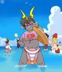 alien animate_inanimate anthro aviators background_character ball beach beach_ball bird_dog canid canine canis clothed clothing cloud diaper domestic_dog doritomuncher fungus golden_retriever group hi_res homestuck horn human humanoid hunting_dog hybrid inflatable jewelry living_plushie male mammal moople_(moopleplush) ms_paint_adventures mushroom panties plushie pool_float retriever sea shirt swimwear tied_shirt topwear troll_(homestuck) underwear water watermark wearing_diaper zaptie_(cheetoeater)