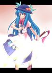  blue_hair food fruit hat hinanawi_tenshi long_hair peach puranaria red_eyes solo sword sword_of_hisou touhou weapon 