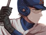  1boy ace_of_diamond aiaipoponta0605 baseball baseball_bat baseball_helmet baseball_jersey baseball_uniform black_gloves brown_hair closed_mouth commentary_request from_side gloves goggles helmet high_collar highres holding holding_baseball_bat jersey male_focus miyuki_kazuya short_hair simple_background solo sportswear sweat upper_body white_background yellow_eyes 