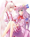  blush carrying fujiwara_no_mokou hair_ribbon hat multiple_girls patchouli_knowledge princess_carry ram_hachimin ribbon smile touhou 