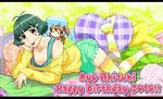  1girl :p akizuki_ryou antenna_hair bare_shoulders breasts brown_eyes chibi chin_rest feet green_hair hair_ornament hairclip happy_birthday heart heart_pillow idolmaster idolmaster_dearly_stars lying multicolored multicolored_clothes multicolored_legwear nipples oku_(okumen) otoko_no_ko pillow sakurai_yumeko short_hair sleeves_past_wrists small_breasts smile striped striped_legwear thighhighs tongue tongue_out 