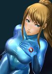  blonde_hair blue_eyes bodysuit breasts dutch_angle hand_on_own_chest large_breasts metroid ponytail samus_aran shiny shiny_clothes solo sweatdrop yosida_komati zero_suit 