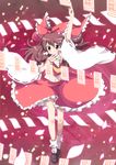  arm_up armpits blush bobby_socks bow brown_eyes brown_hair danmaku detached_sleeves flying hair_bow hair_ribbon hakurei_reimu japanese_clothes loafers massala midriff mouth_hold navel ofuda outstretched_arm ribbon shoes socks solo touhou 