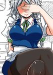  braid breasts covering_eyes covering_face crossed_legs hands izayoi_sakuya large_breasts maid_headdress pantyhose short_hair silver_hair sitting smile solo tajima_yuuki touhou twin_braids 