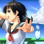  black_hair blue_eyes bottle collarbone foreshortening hand_on_neck idolmaster idolmaster_(classic) kikuchi_makoto open_mouth pose profile ramune school_uniform serafuku short_hair smile solo tog_(shoten) v water 