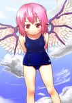  arms_behind_back cloud day jewelry leaning_forward mystia_lorelei one-piece_swimsuit pink_hair red_eyes ruu_(rsei255) school_swimsuit short_hair single_earring sky smile solo swimsuit touhou wings 