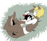  animal_ears bad_id bad_pixiv_id black_hair blonde_hair cosplay dog fang grimm's_fairy_tales hakurei_reimu jpeg_artifacts kirisame_marisa kuroda_(nanchara_flight) multiple_girls puppy sleeping tail the_wolf_and_the_seven_young_kids touhou wolf_ears wolf_tail 