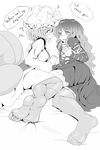  ? blush dress english feet foreshortening fox_tail greyscale highres hijiri_byakuren ishikkoro long_hair monochrome multiple_girls multiple_tails shared_clothes short_hair tail thighhighs touhou yakumo_ran 