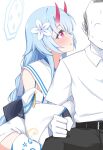 1boy 1girl :d arm_hug belt black_belt black_pants blue_archive blue_hair blue_halo blunt_bangs blush braid chise_(blue_archive) collared_shirt commentary_request cowboy_shot demon_girl detached_sleeves doodle_sensei_(blue_archive) flower hair_between_eyes hair_flower hair_ornament halo hetero highres horns japanese_clothes kimono long_hair long_sleeves looking_at_another nervous_sweating oni open_mouth pants profile red_eyes red_horns red_pupils sailor_collar school_uniform sensei_(blue_archive) serafuku shirt short_sleeves sidelocks simple_background sitting skin-covered_horns sleeveless sleeveless_kimono smile sweat tareme twin_braids very_long_hair whispering white_background white_flower white_kimono white_sailor_collar white_shirt wide_sleeves yamichi_(yamichi8369) 