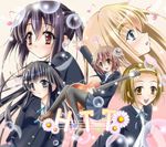  akiyama_mio black_hair blazer blonde_hair blue_eyes blush brown_eyes brown_hair eighth_note flower guitar hair_ornament hairband hairclip highres hirasawa_yui instrument jacket k-on! kotobuki_tsumugi long_hair multiple_girls musical_note nakano_azusa necktie open_mouth pantyhose quin_(himegata_alice) school_uniform short_hair skirt smile tainaka_ritsu twintails 