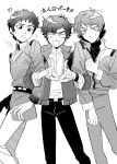  !? 3boys :< :d ^_^ amuro_ray belt belt_buckle buckle closed_eyes closed_mouth fang feet_out_of_frame flying_sweatdrops frown greyscale gundam gundam_zz highres jacket judau_ashta kamille_bidan kamonekm locked_arms long_sleeves looking_at_viewer male_focus mobile_suit_gundam monochrome multiple_boys open_clothes open_jacket open_mouth pants shirt short_hair smile sweat thick_eyebrows thumbs_up turtleneck v wristband zeta_gundam 