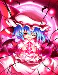  ayakashi_(monkeypanch) bat bat_wings blue_hair energy_ball full_moon hat highres moon one_eye_closed open_mouth red_eyes remilia_scarlet sky solo touhou wings 
