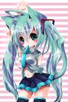  ahoge animal_ears aqua_eyes aqua_hair bad_id bad_pixiv_id blush cat_ears cat_tail emia_(castilla) hatsune_miku kemonomimi_mode long_hair mouth_hold navel necktie skirt solo tail thighhighs twintails very_long_hair vocaloid 