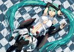  afloat aqua_hair blue_eyes bridal_gauntlets center_opening checkered checkered_floor ganzyu_i hatsune_miku hatsune_miku_(append) long_hair lying navel necktie open_mouth solo thighhighs twintails very_long_hair vocaloid vocaloid_append water 
