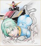  1girl aqua_hair beam_cannon chest_cannon four_murasame green_hair gundam highres ikeda_kazuhiro looking_at_viewer machinery mecha mobile_suit psycho_gundam realistic robot science_fiction short_hair signature titans_(gundam) zeta_gundam 