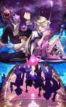  3girls amelia_wil_tesla_seyruun back-to-back bandaid blonde_hair capelet closed_eyes cup drinking filia_ul_copt gloves gourry_gabriev lina_inverse lyxu mace multiple_boys multiple_girls night night_sky pointy_ears purple_hair sitting sky slayers slayers_try staff teacup teapot weapon xelloss zelgadiss_graywords 