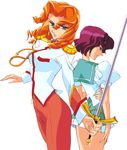  90s aiguillette arisugawa_juri artist_request blue_sailor_collar curly_hair green_eyes highres long_hair multiple_girls ootori_gakuen_school_uniform orange_hair purple_hair sailor_collar school_uniform short_hair shoujo_kakumei_utena sword takatsuki_shiori weapon white_background 