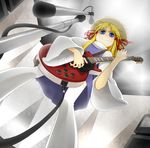  blonde_hair blue_eyes from_below guitar hat instrument moriya_suwako riwon_(junpei0122) short_hair solo thighhighs touhou white_legwear 