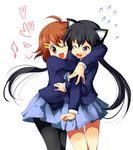  animal_ears brown_eyes brown_hair cat_ears danzero hirasawa_yui hug k-on! long_hair multiple_girls nakano_azusa one_eye_closed pantyhose school_uniform short_hair twintails 