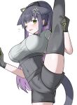  1girl absurdres arknights black_gloves black_hair blush breasts flying_sweatdrops gloves green_eyes grey_shirt grey_shorts grey_thighhighs highres jessica_(arknights) jessica_the_liberated_(arknights) large_breasts leg_up long_hair looking_at_viewer multicolored_hair open_mouth ponytail purple_hair shirt short_sleeves shorts simple_background small_sweatdrop solo spam_(spamham4506) split standing standing_on_one_leg standing_split sweat thighhighs two-tone_hair underwear very_long_hair white_background 