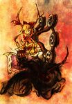  absurdres bad_id bad_pixiv_id beetarp blonde_hair bow faux_traditional_media glaring hair_bow highres horns ibuki_suika long_hair red_eyes solo touhou warhammer weapon 