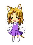  &gt;_&lt; :d animal_ears bad_id bad_pixiv_id blush_stickers cat_ears cat_tail chibi closed_eyes kemonomimi_mode moriya_suwako no_hat no_headwear open_mouth oukawa_yuu simple_background smile solo tail touhou wide_sleeves xd 