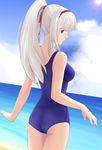  from_behind hairband idolmaster idolmaster_(classic) long_hair looking_back one-piece_swimsuit ponytail red_eyes school_swimsuit shijou_takane silver_hair solo swimsuit sya water 