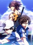  black_hair brown_hair character_request clothes_writing cloud day echizen_ryooma left-handed male_focus multiple_boys racket sportswear tasaka_shinnosuke tennis tennis_no_ouji-sama tennis_racket tennis_uniform tezuka_kunimitsu 