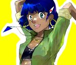  arms_up bad_id bad_pixiv_id blue_hair bob_cut bra earrings fushigi_no_umi_no_nadia green_eyes hair_ornament hairclip jewelry lingerie nadia necklace open_clothes open_shirt shirt short_hair sleeves_rolled_up smile solo sue_(kokokorin) underwear 