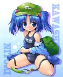  backpack bag blue_eyes blue_hair boots character_name collarbone cucumber hair_bobbles hair_ornament hat kawashiro_nitori key kurogarasu name_tag one-piece_swimsuit school_swimsuit sitting solo swimsuit touhou twintails two_side_up wariza 