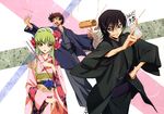  2boys absurdres black_hair brown_hair c.c. code_geass green_hair hair_ornament highres japanese_clothes kimono kururugi_suzaku lelouch_lamperouge multiple_boys official_art okayama_shinako purple_eyes scan yellow_eyes 