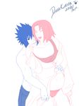  1girl blue couple haruno_sakura hetero highres kurodk monochrome naruto_(series) naruto_shippuuden pink pregnant smile uchiha_sasuke 