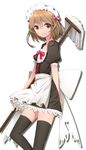  apron bad_id bad_pixiv_id black_legwear brown_eyes brown_hair eyebrows_visible_through_hair hattori_masaki highres maid maid_headdress male_focus mop original otoko_no_ko short_hair simple_background smile solo thighhighs waist_apron zettai_ryouiki 