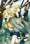  1girl aqua_eyes blonde_hair breath brother_and_sister buzz day hair_ornament hair_ribbon hairclip headset kagamine_len kagamine_rin necktie outdoors ribbon sailor_collar short_hair shorts siblings smile sweater tree twins vocaloid walking yellow_neckwear 