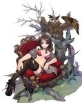  armchair bird blue_eyes bra brown_hair chair flag_print highres legs lingerie nail_polish olivia_(yh) original owl print_bra red_nails sitting solo thighhighs torn_clothes torn_legwear underwear union_jack 