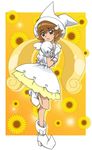  bad_id bad_pixiv_id boots color_connection company_connection cosplay floral_background flower fukushima_masaru heartcatch_precure! makihatayama_hana makihatayama_hana_(cosplay) myoudouin_itsuki ojamajo_doremi orange_background precure solo standing standing_on_one_leg sunflower touei twintails witch 