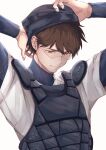  1boy absurdres ace_of_diamond adjusting_clothes adjusting_headwear aiaipoponta0605 baseball_helmet baseball_jersey baseball_mitt baseball_uniform brown_eyes brown_hair chest_protector closed_mouth commentary_request facing_down fingernails goggles helmet high_collar highres jersey male_focus miyuki_kazuya short_hair sideburns simple_background solo sportswear upper_body white_background 