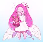  1girl angel_wings barefoot blue_background blush bow bowtie character_doll chibi chibi_only closed_eyes colored_skin cookie_run cookie_run:_kingdom demon_tail doll dress drill_hair eternal_sugar_cookie eyelashes full_body gradient_eyes hand_up hat heart heart_print highres holding holding_doll hollyberry_cookie long_hair long_sleeves low_wings mini_hat multicolored_eyes nightcap open_clothes p_d0117 pink_bow pink_bowtie pink_hair pink_skin pom_pom_(clothes) puffy_long_sleeves puffy_sleeves simple_background sleepy solo standing tail white_background white_dress white_eyeshadow white_hat wings 