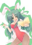  animal_ears bad_id bad_pixiv_id book bunny_ears bunny_girl bunnysuit green_eyes green_hair hidamari_sketch long_hair nanaya_(pixiv) one_eye_closed pantyhose smile solo yoshinoya 