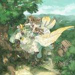  bird blonde_hair bow_(weapon) braid capelet fantasy flying from_above mayday midriff navel original parrot solo tree vest weapon 