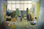 black_hair cat funaoka original painting_(object) room school_uniform serafuku sitting solo umbrella window 