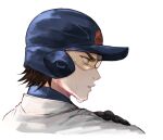  1boy ace_of_diamond aiaipoponta0605 baseball_helmet baseball_uniform brown_hair closed_mouth commentary_request from_side goggles helmet high_collar highres male_focus miyuki_kazuya short_hair simple_background solo sportswear sweat teeth white_background yellow_eyes 